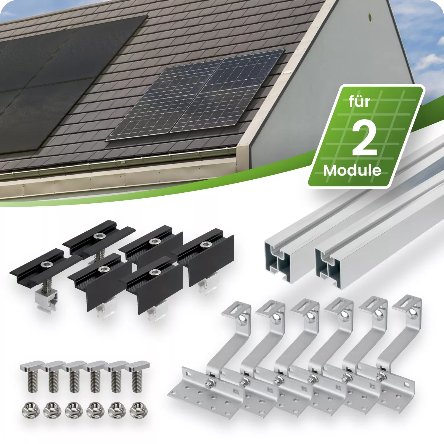 Solarmodul-Halterung Für 2 PV-Module – 12 Cm Alu-Schienen + Verstellbare Klemmen (30–35 Mm) Für Flachdach & Trapezdach